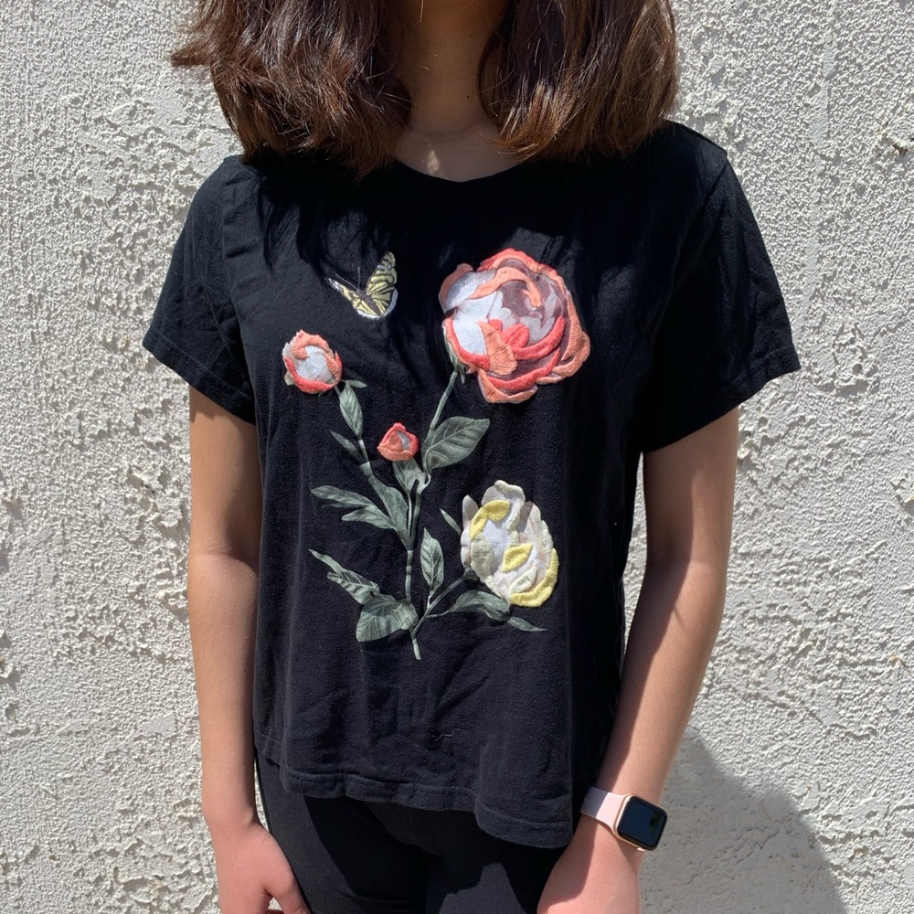 Black Shirt with Embroidered Flowers